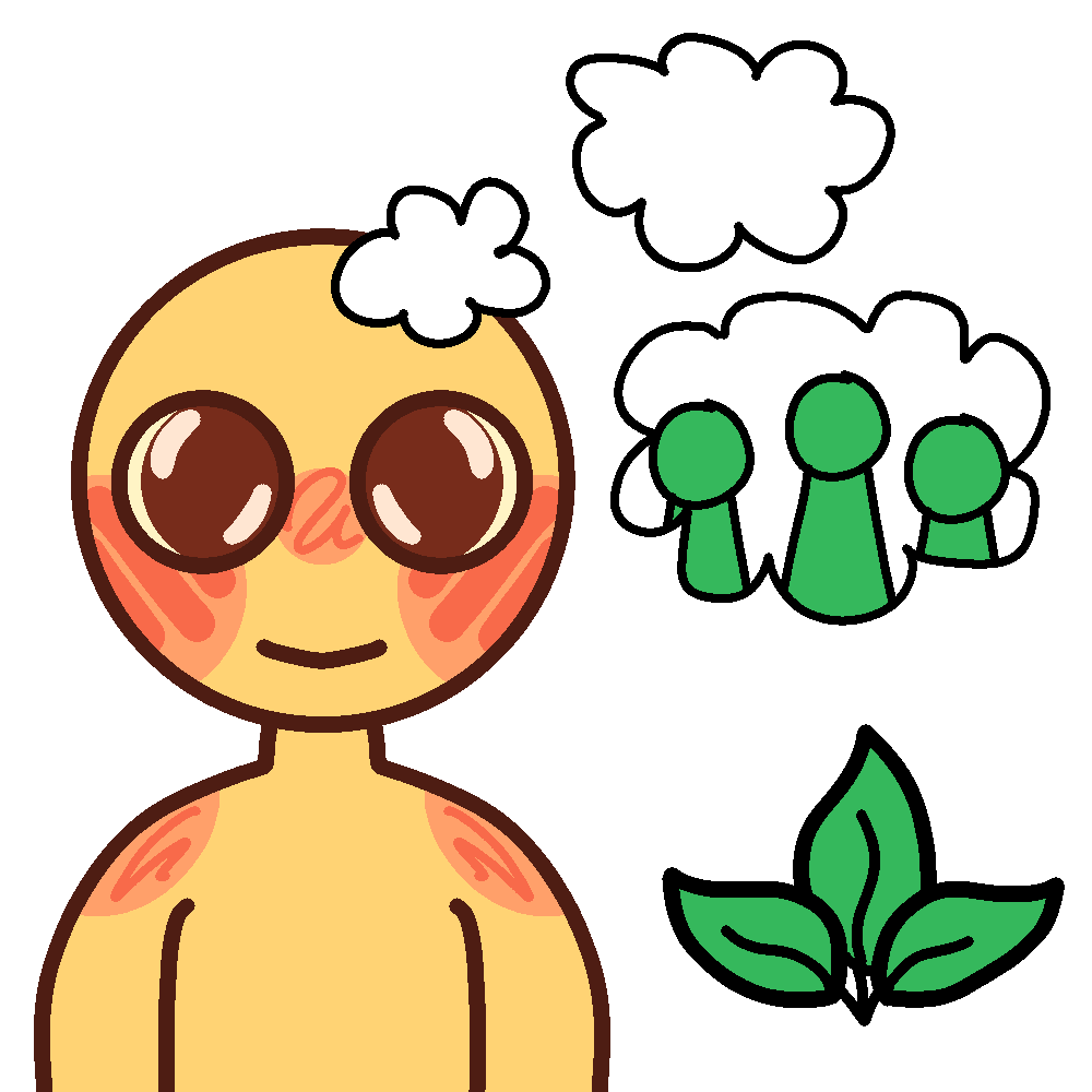 A basic yellow emoji-figure with big brown eyes and red-blush effects on their cheeks and shoulders stare a the camera. They have a thought bubble showing that they are thinking of their system, which are represented by green figures. Beneath the thought bubble, there's a green plant with three leaves